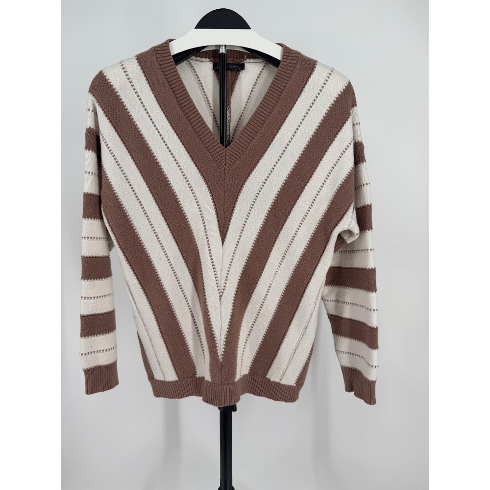 PRETTYGARDEN Womens Brown Cream Striped V-Neck Knit Sweater Size L 7007